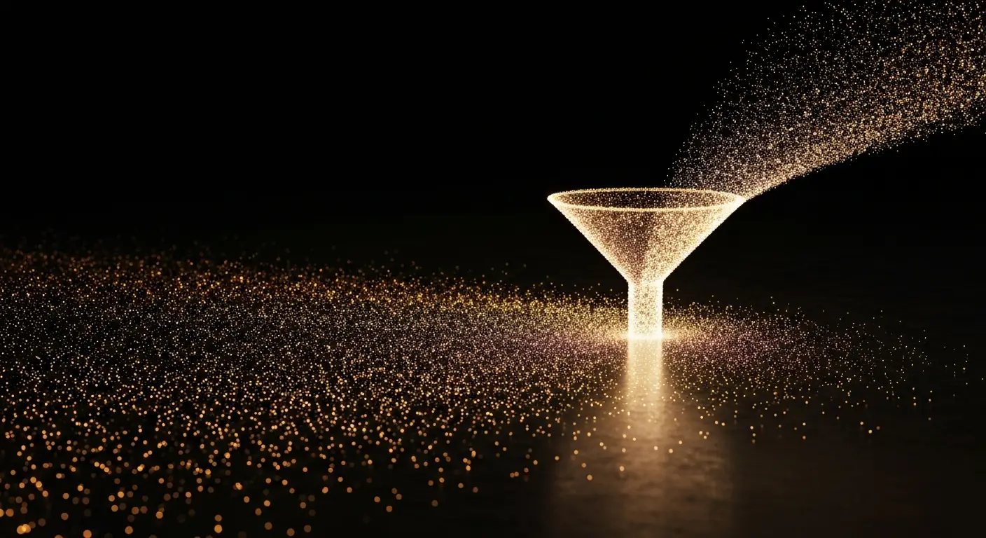 placeholder-24122-what-demand-generation-actually-is-and-i-2 - SaasCEO.com What demand generation actually is — a broad spread of many small glowing particles drawn together into a single focused stream entering a funnel on a dark field, showing demand created and then captured.