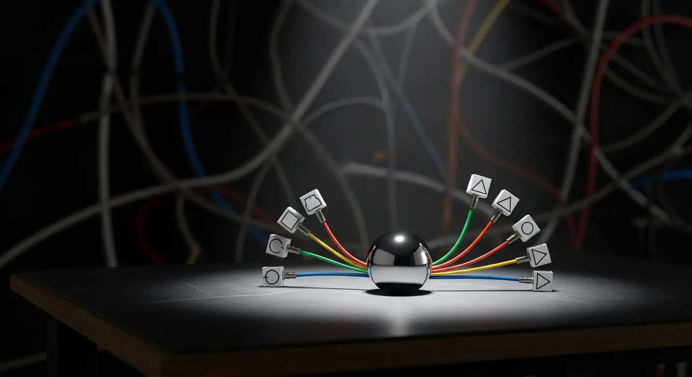 placeholder-24260-what-ipaas-actually-is-and-is-not-a-neat - SaasCEO.com What iPaaS Actually Is (And Is Not) — A polished rounded centerpiece on a dark slate workbench with several distinct color-coded conduits fanning outward to small simple geometric forms arranged in a half-circle around it, lit by sharp directional studio light, with a tangled mass of disorganized cabling blurred in the deep background as the worn pattern it replaces.