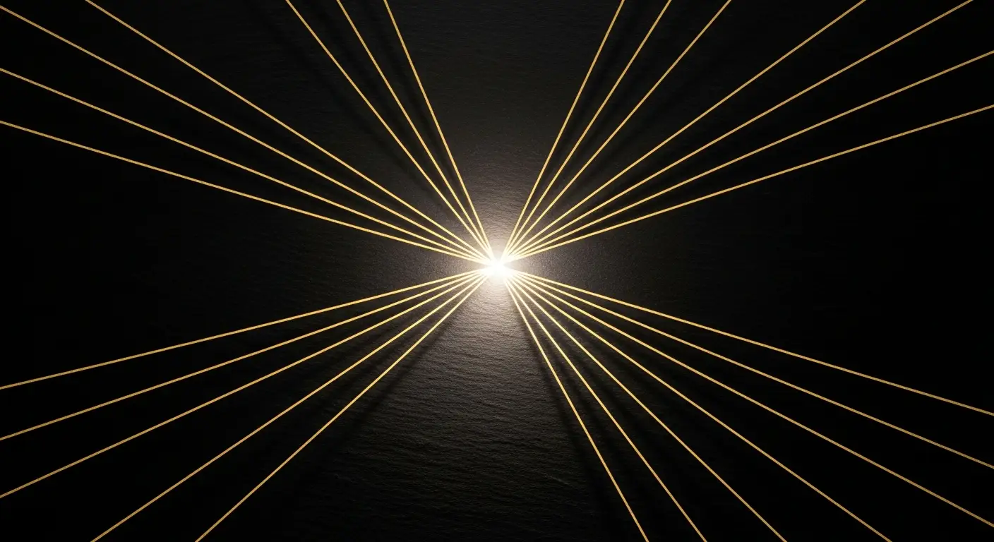 placeholder-24264-frequently-asked-questions-a-small-stack - SaasCEO.com Frequently Asked Questions — An overhead photograph of multiple thin gold lines inlaid into a dark slate surface, each starting from a different edge of the frame and converging gracefully onto a single softly glowing focal point at the center, lit by precise directional studio light with deep shadows around the convergence, against a deep neutral background.