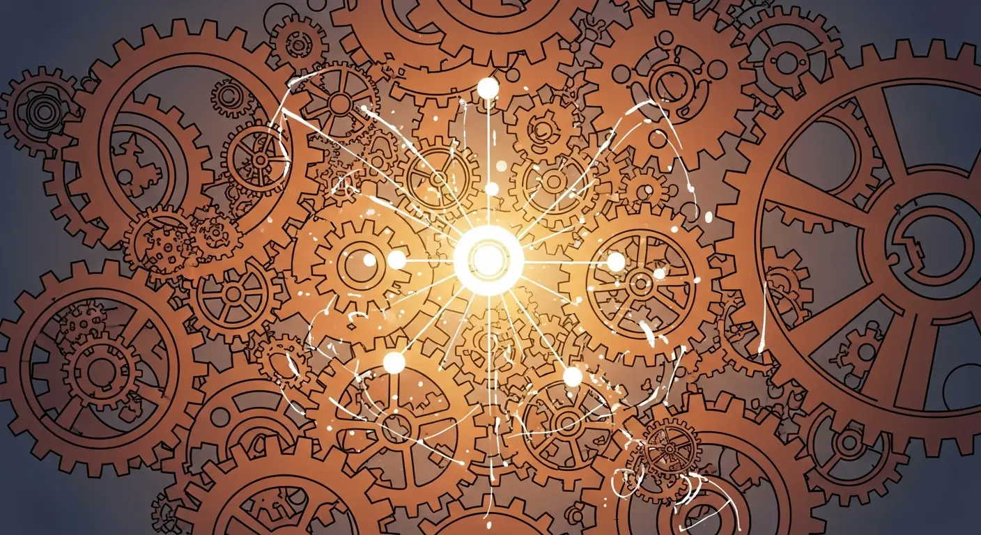 placeholder-24868-saas-sales-machine-and-predictable-gtm-i - SaasCEO.com SaaS sales machine and predictable GTM — Interlocking gears with a glowing center node, soft warm-coo