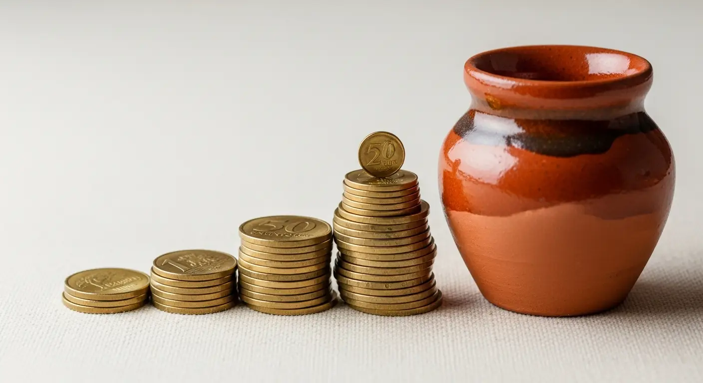placeholder-24869-saas-capital-strategy-and-financing-opti - SaasCEO.com SaaS capital strategy and financing options — four ascending stacks of gold coins beside a terracotta savings pot on a neutral surface, evoking building and storing capital across financing options.