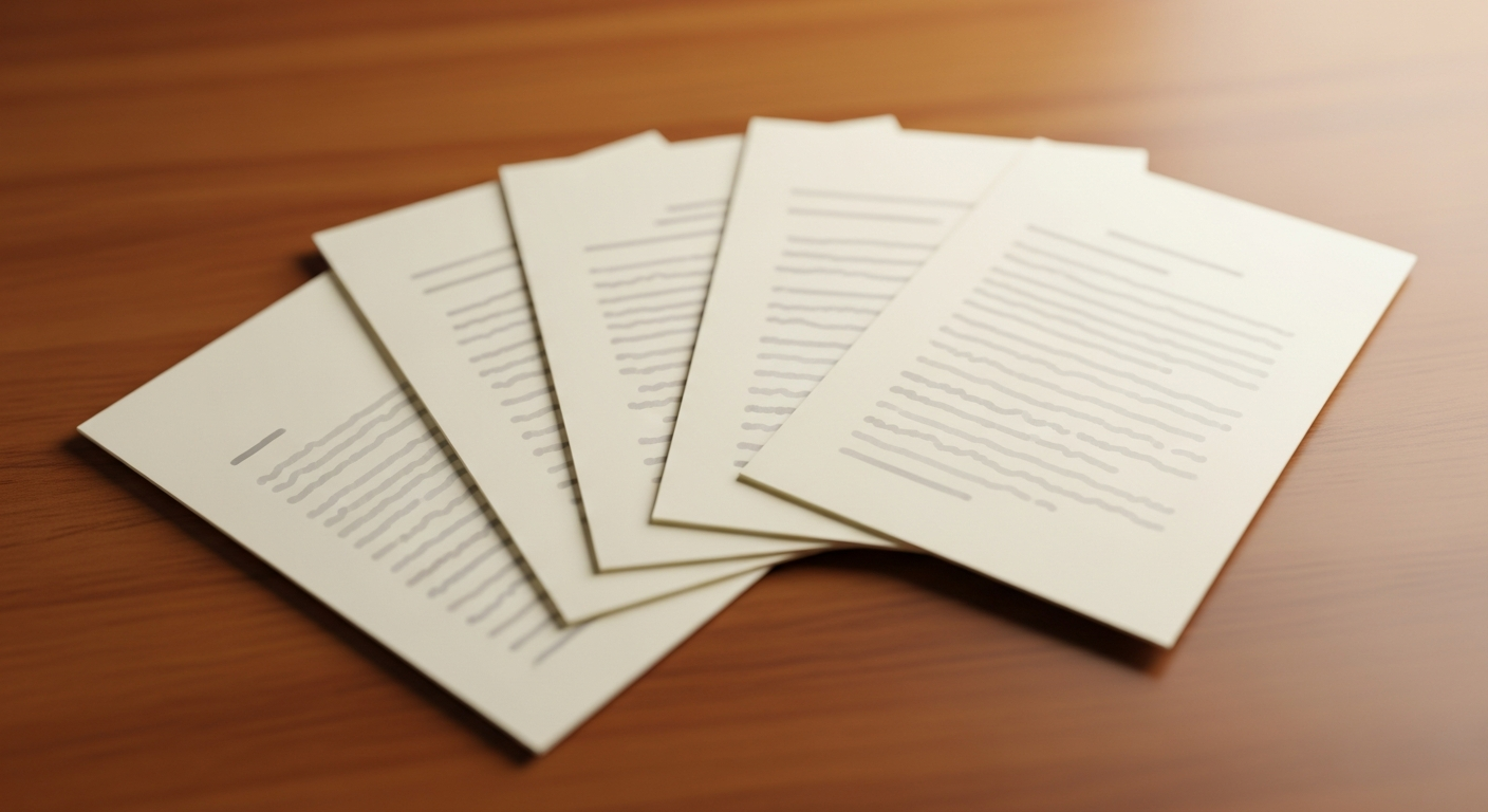 placeholder-24971-worked-investment-thesis-samples-five-sm - SaasCEO.com Worked investment thesis samples — five distinct cream notecards fanned out in a neat overlapping row on a warm desk, each card rendered as a small rectangular sample document with faint indistinct ink strokes suggesting writing, one card subtly highlighted, evoking a tidy portfolio of completed example write-ups.