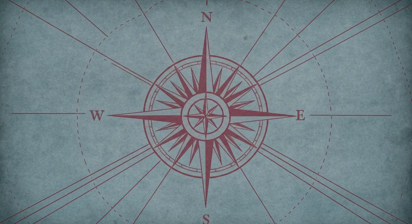 placeholder-24973-founder-s-investment-thesis-an-antique-m - SaasCEO.com Founder's Investment Thesis — An antique mariner's compass rose painted in dusty rose on aged slate-blue parchment, multiple faint sailing routes radiating outward from the central rose at different bearings — many template traditions converging on one founder's chosen heading.