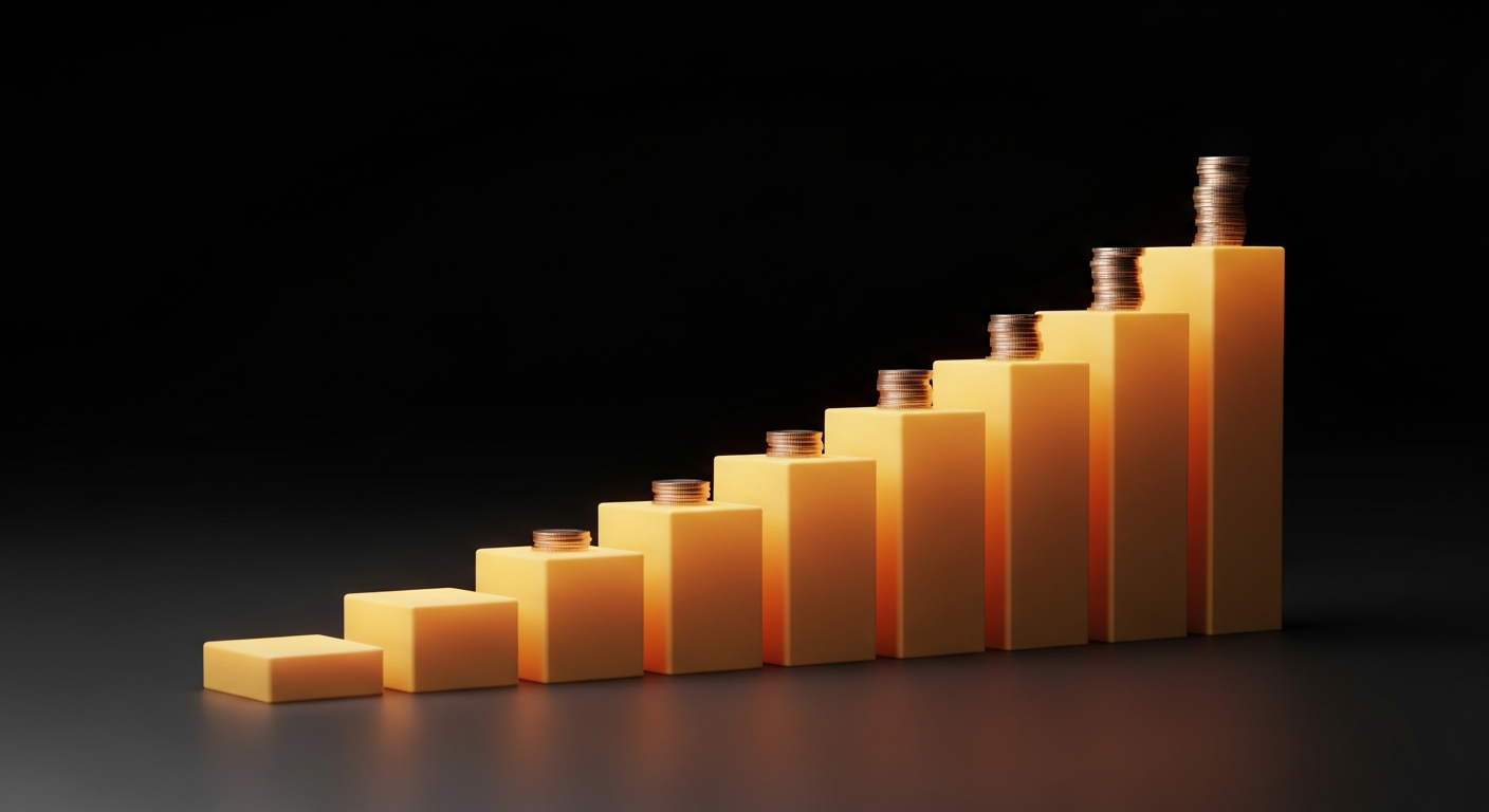 placeholder-24999-how-a-fifty-thousand-dollar-salary-incre-1 - SaasCEO.com How a salary increase compounds through stages — ascending glowing stair-step platforms on a dark field, each step taller and brighter than the last, with a small stack of coins growing into a larger stack on each higher step.