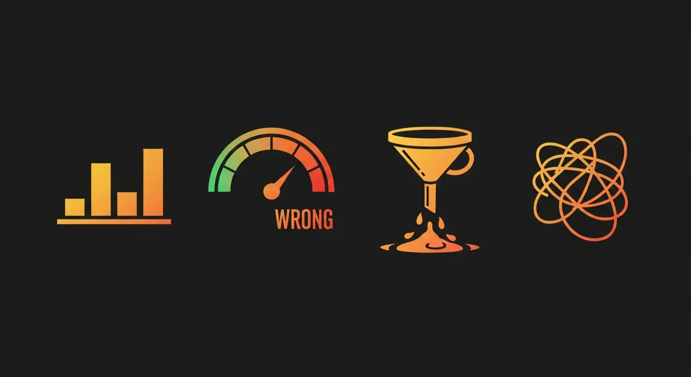 placeholder-25099-four-common-ways-saas-founders-miscalcul-1 - SaasCEO.com Four common ways SaaS founders miscalculate MRR and ARR — four distinct abstract icons in a row on a dark field: an uneven bar group, a gauge with its needle in the wrong zone, a leaking funnel, and a tangled line.