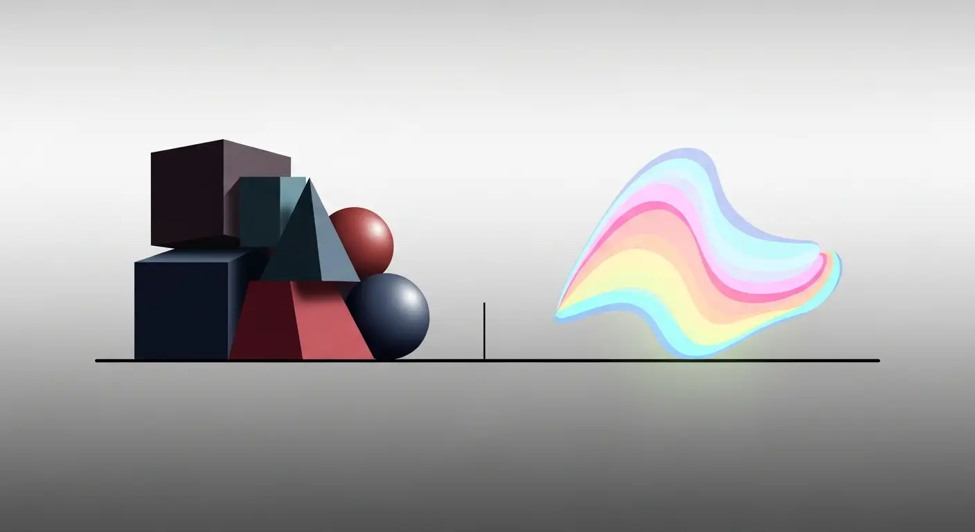 placeholder-25715-how-the-ideal-customer-profile-shapes-pr - SaasCEO.com Product management — an abstract balance on a level grey baseline: a cluster of solid geometric blocks, spheres and a pyramid on the left, and a single flowing multicolored ribbon on the right, contrasting rigid structure with fluid flexibility.