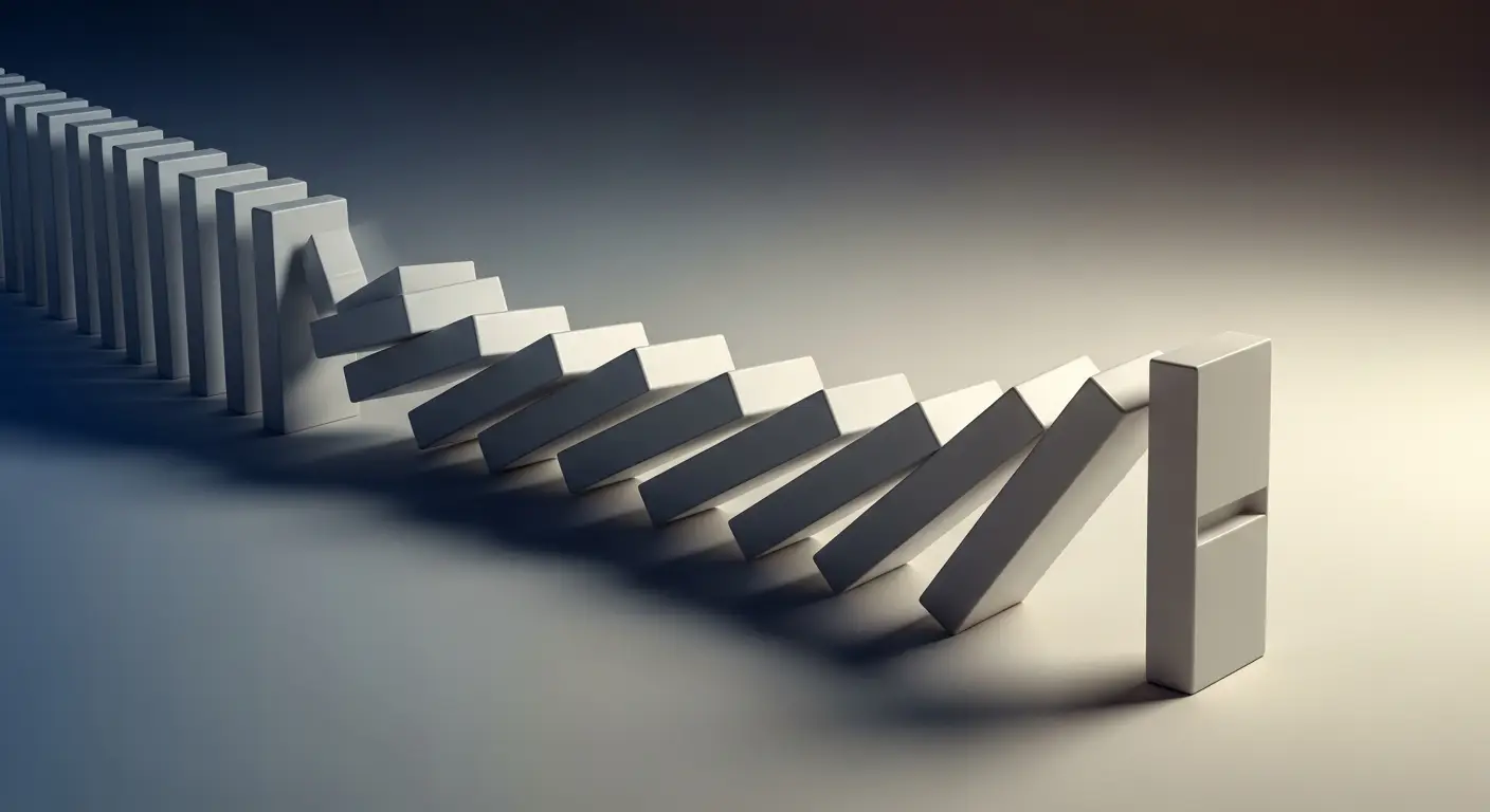 placeholder-25718-five-product-management-mistakes-saas-ce - SaasCEO.com Five Product Management Mistakes SaaS CEOs Make — A row of dominoes mid-fall with one piece standing firm agai