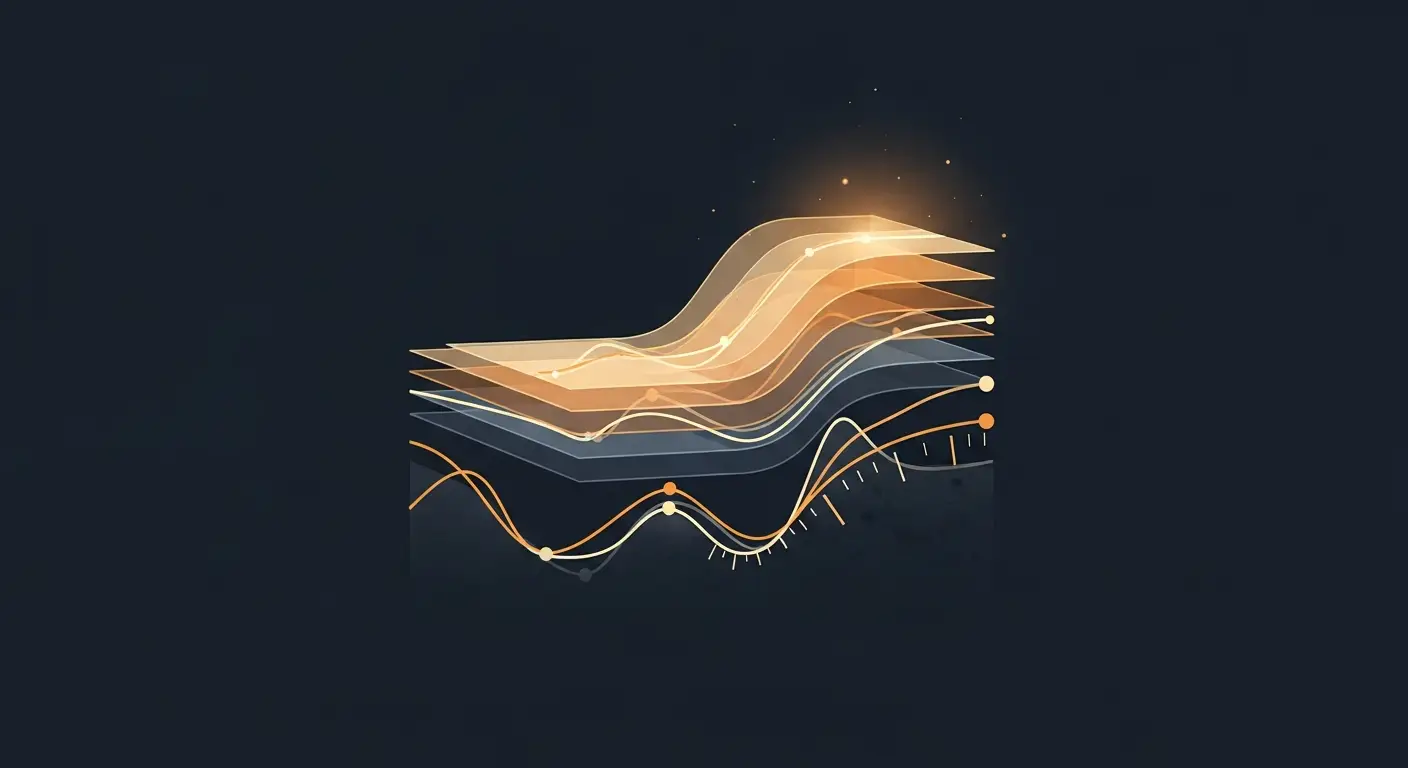 product-management-hero-5 - SaasCEO.com how product management balances long-term engineering investment against short-term feature pressure — Layered translucent geometric strata stacked in slow accumul