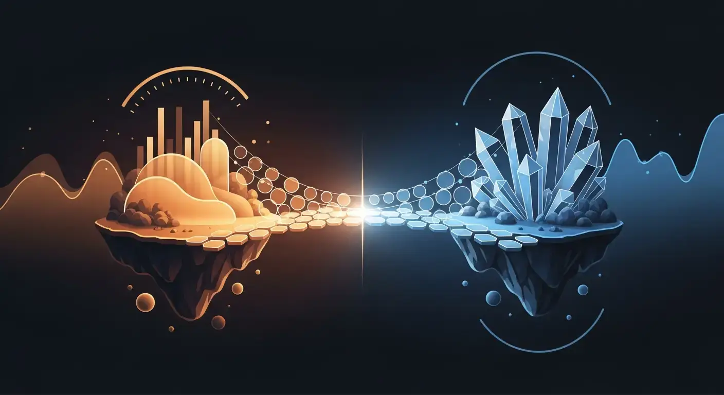 hero-product-management - SaasCEO.com Product Management hero — luminous bridge of hexagonal tiles spanning between organic and geometric formations