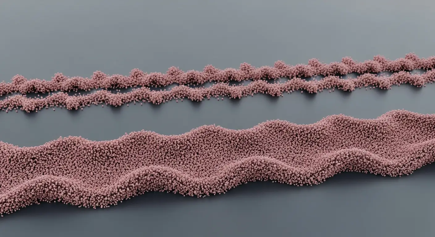 product-management-replace-1-1-1 - SaasCEO.com Product management — two horizontal bands of densely packed dusty-rose particles on a slate field, the upper a slim even ribbon and the lower a thicker undulating wave, an abstract contrast of a steady backlog versus a fluctuating one.