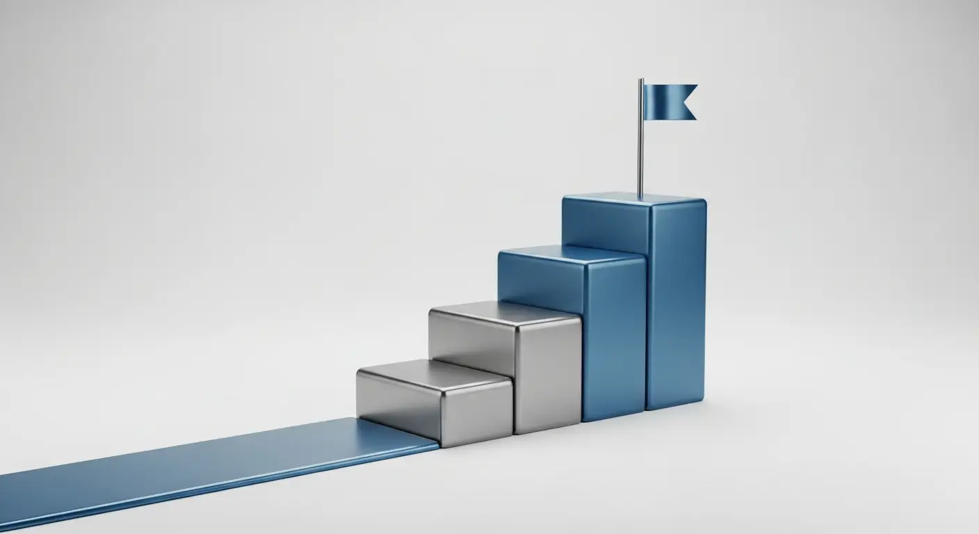 product-market-fit-supp - SaasCEO.com a clean minimalist illustration of an upward stepped path of three smooth ascending blocks leading toward a simple flag at the top, representing building toward scalable product market fit, rendered in smooth blue and steel tones on a bright even off-white background, soft uniform studio lighting, no people, every surface completely blank with absolutely no text, letters, numbers, words, labels, or symbols of any kind anywhere in the frame