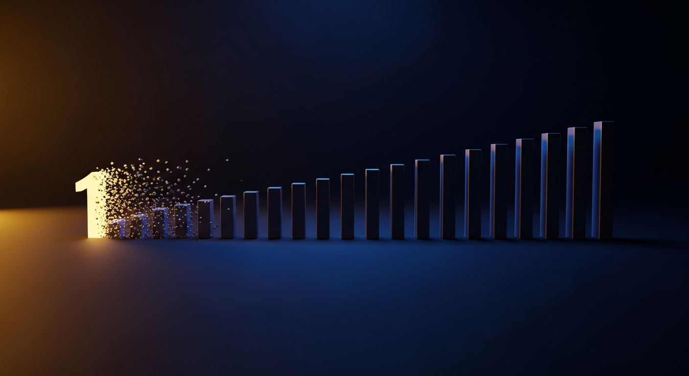 revenue-recognition-hero - SaasCEO.com Abstract visualization of SaaS revenue recognition: a single upfront block of light on the left dissolving into twelve evenly spaced vertical bars across a deep navy field, representing one annual prepayment recognized month by month
