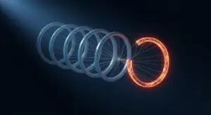 risk-of-churning-new-hero - SaasCEO.com - SaasCEO.com Abstract science illustration: a chain of blue translucent torus rings leading to a glowing orange ring, depicting energy transfer or magnetic reconnection.