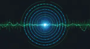 saas-analytics-new-hero - SaasCEO.com - SaasCEO.com Futuristic radar-style interface with blue concentric rings and a bright central glow over a green waveform on a dark background.