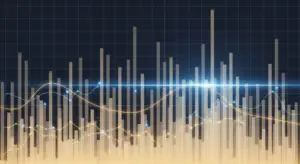 saas-benchmarks-hero-4 - SaasCEO.com - SaasCEO.com Abstract data visualization with beige vertical bars and blue/gold trend lines on a dark gradient background