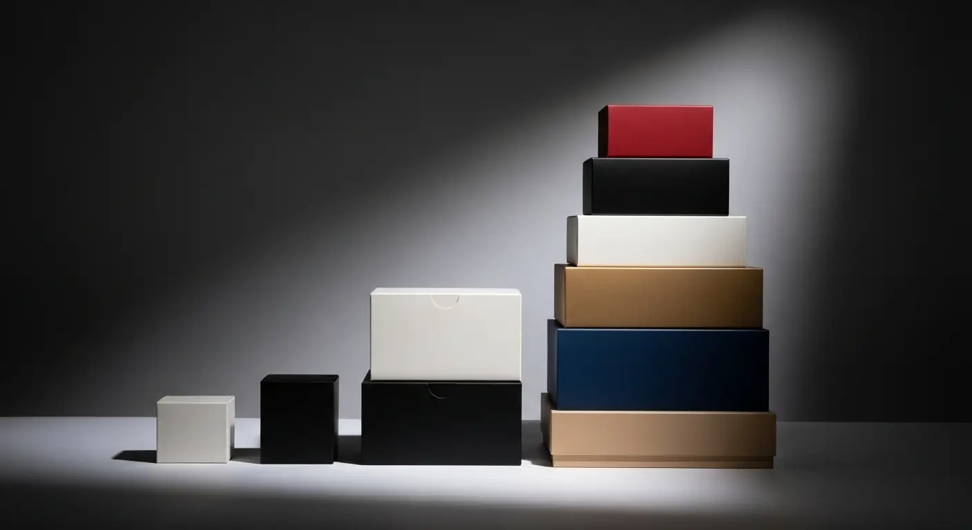 saas-business-model-hero-4-1 - SaasCEO.com The Main SaaS Pricing Archetypes — several distinct premium product boxes of varying sizes and finishes arranged in a row on a clean studio surface, ranging from a small single carton to a tall layered stack, each catching soft directional studio light against a deep neutral background, evoking different packaging and pricing tiers