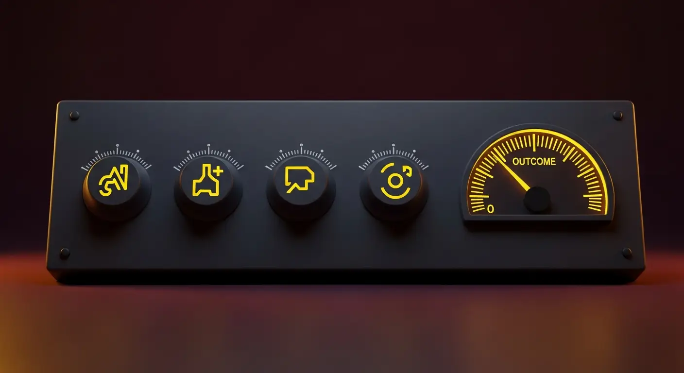 saas-business-model-hero-5 - SaasCEO.com The Four Numbers That Decide Everything — A strategic control panel where four distinct calibrated dials feed into a single dominant outcome gauge