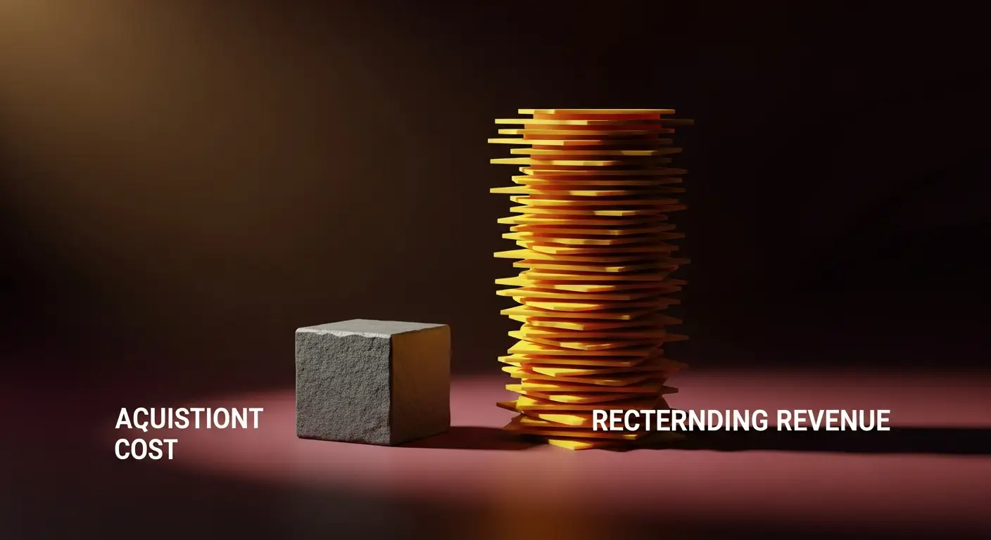 saas-business-model-hero-7 - SaasCEO.com SaaS Business Model FAQ — An abstract balanced scale where a single upfront acquisition-cost block is outweighed by a long compounding stack of recurring revenue layers