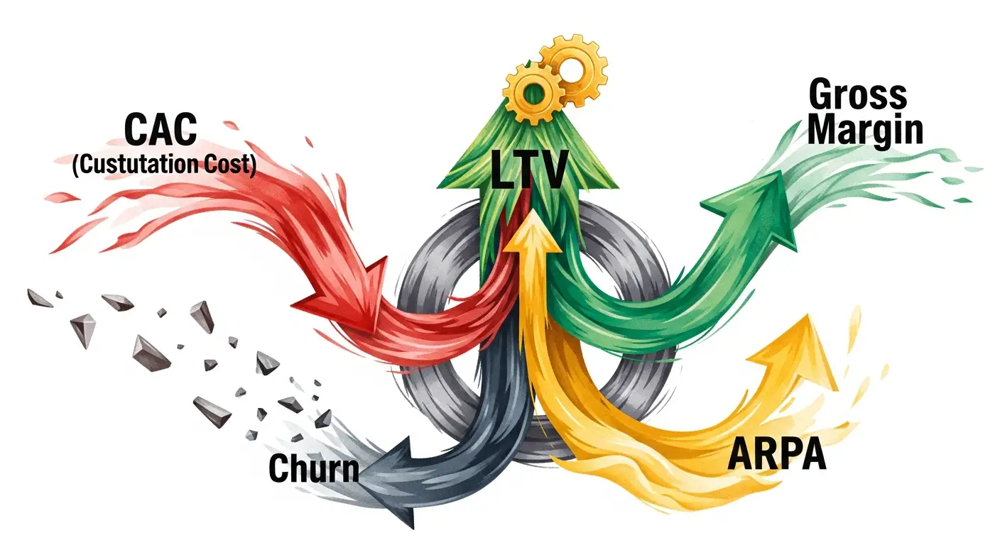 saas-business-model-supp-26825-replace - SaasCEO.com Unit economics flow — how CAC, gross margin, churn, and ARPA feed into LTV and the LTV/CAC ratio, determining whether the business compounds or stalls