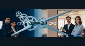 Four professionals stand beside large interlocking blue gears, with 'CFO' text, in a modern office setting—conveys finance leadership collaboration
