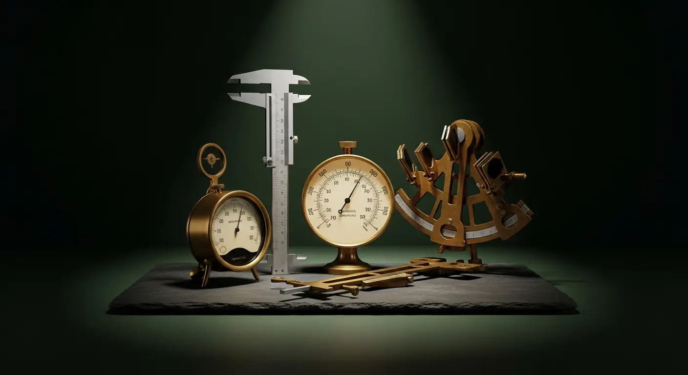 saas-churn-hero-1 - SaasCEO.com Strategic still life evoking precise measurement of SaaS churn formulas — antique brass scientific instruments on a dark slate surface under a single shaft of side light with a polished caliper a glowing gauge and a sextant