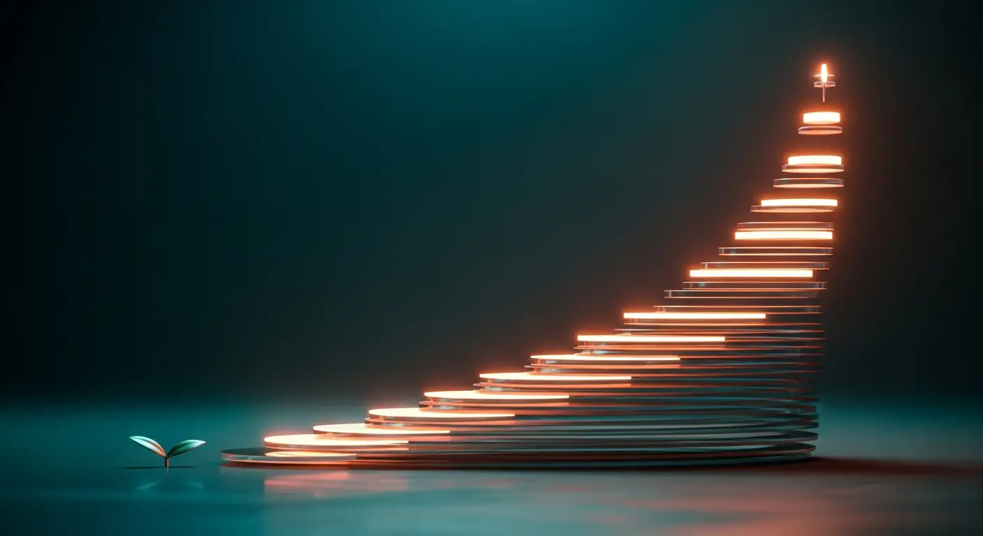 saas-churn-hero-2 - SaasCEO.com Analogical visual of small churn reductions compounding into enterprise value — a tiny seed shape at the lower left from which a luminous ascending curve of stacked transparent layers grows progressively brighter as it sweeps toward the upper right
