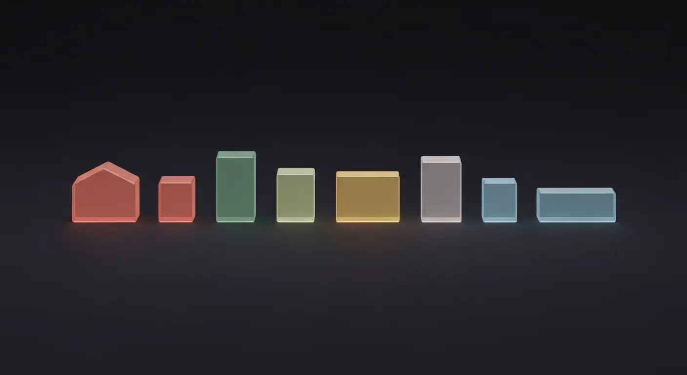 saas-churn-hero-3 - SaasCEO.com Listicle-style visual of SaaS churn benchmarks by customer segment — a neatly organized horizontal arrangement of six distinct translucent prismatic shapes of varying sizes placed at equal intervals on a dark surface with a soft glow beneath