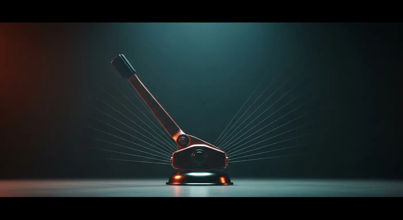 saas-churn-hero-5 - SaasCEO.com Analogical visual of the five fixes that move SaaS churn — a heavy mechanical lever resting on a polished fulcrum at the center of a dimly lit composition the long arm sweeping up into the light with parallel lines fanning out behind suggesting leverage