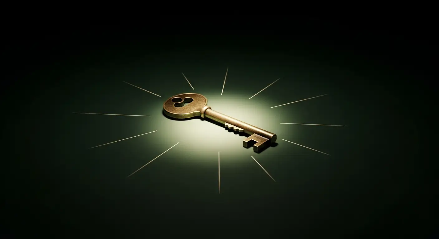 saas-churn-hero-6 - SaasCEO.com Strategic visual of SaaS churn FAQs and practical answers — a single antique brass key resting in the center of a dark surface with a soft glow beneath and a faint pattern of thin radiating lines emerging from the key evoking access and unlocking