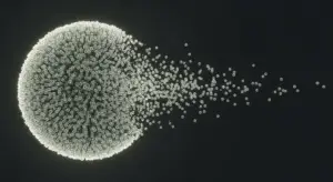 A large spherical cluster of tiny beads with many small beads trailing away to the right against a dark background.