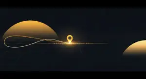 saas-churn-rate-benchmark-new-hero - SaasCEO.com - SaasCEO.com Abstract navigation concept: golden location pin marks a point on a glowing trail over a dark grid
