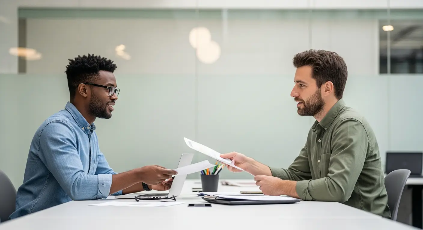 saas-churn-rate-hero-4 - SaasCEO.com Why Even Small Improvements Compound Into Millions — Two professionals in a focused discussion across a modern de