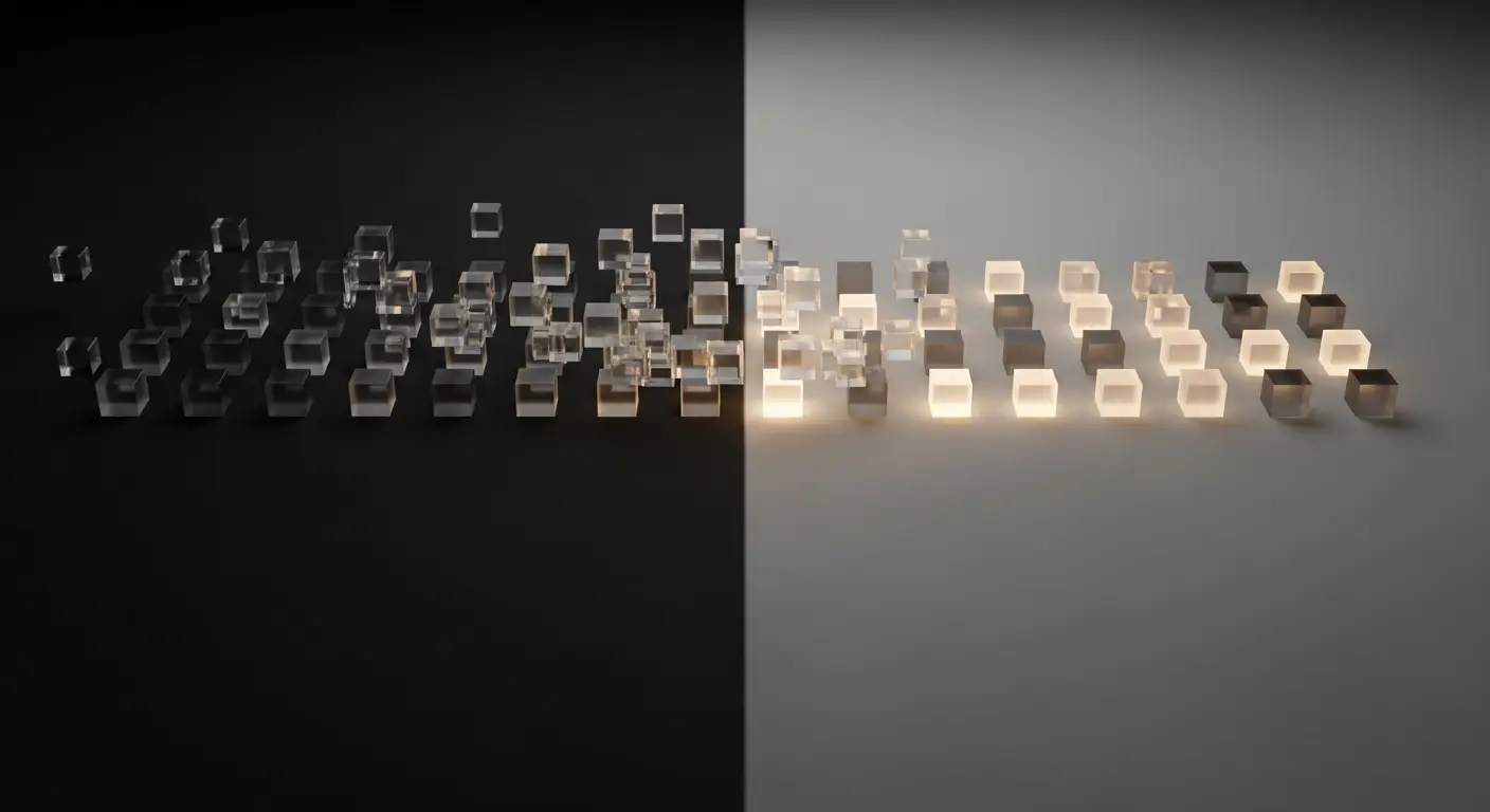 saas-churn-replace-1-1 - SaasCEO.com Customer attrition brought under control — a scatter of dim translucent cubes on the left settling into an orderly, evenly spaced glowing grid on the right under warm light, suggesting a churning customer base being steadied and stabilized.