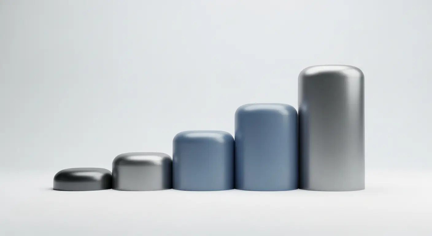 saas-churn-supp-3 - SaasCEO.com a tidy row of several differently sized smooth rounded blocks of graduated heights arranged left to right, rendered in smooth blue and steel tones on a bright even off-white background, soft uniform studio lighting, no people, every surface completely blank with absolutely no text, letters, numbers, words, labels, or symbols of any kind anywhere in the frame
