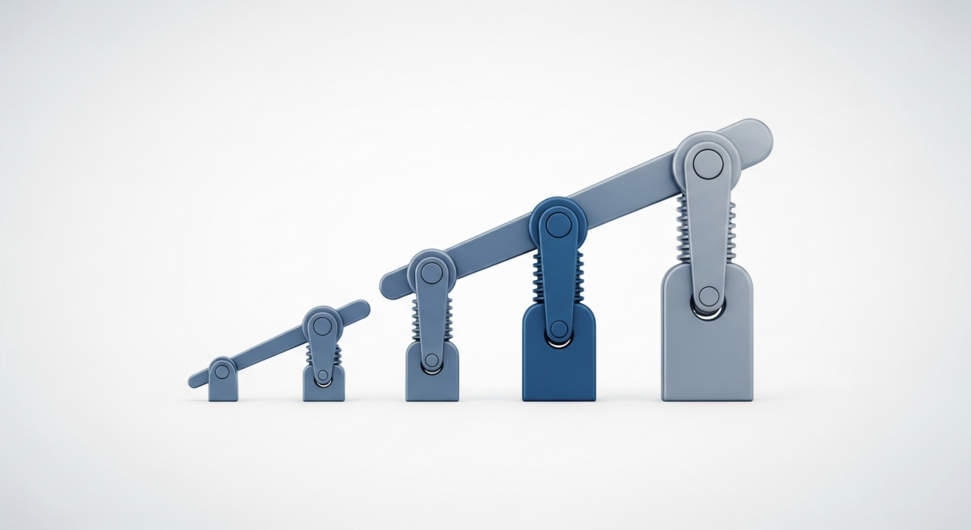 saas-churn-supp-5-1 - SaasCEO.com Analogical visual of the five fixes that move SaaS churn, five distinct mechanical levers of increasing size arranged in a row in smooth blue and steel tones on a bright even off-white background, no text