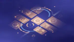 Abstract digital dashboard with circular charts and bar graphs on a blue background.