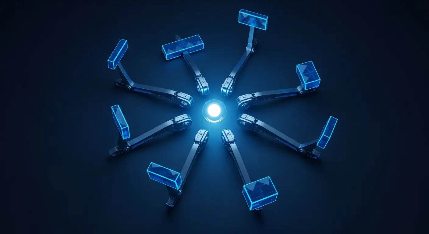 saas-company-valuation-hero-2 - SaasCEO.com Seven valuation levers acting on a single business value — A constellation of seven distinct mechanical lever arms arra