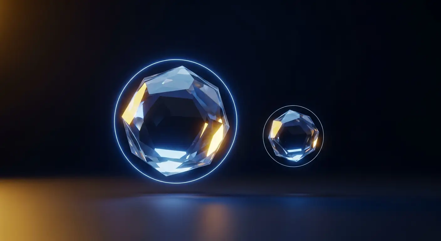 saas-company-valuation-hero-4 - SaasCEO.com Public versus private SaaS multiples as same-shape but different-scale assets — Two translucent geometric solids floating side by side on deep navy background