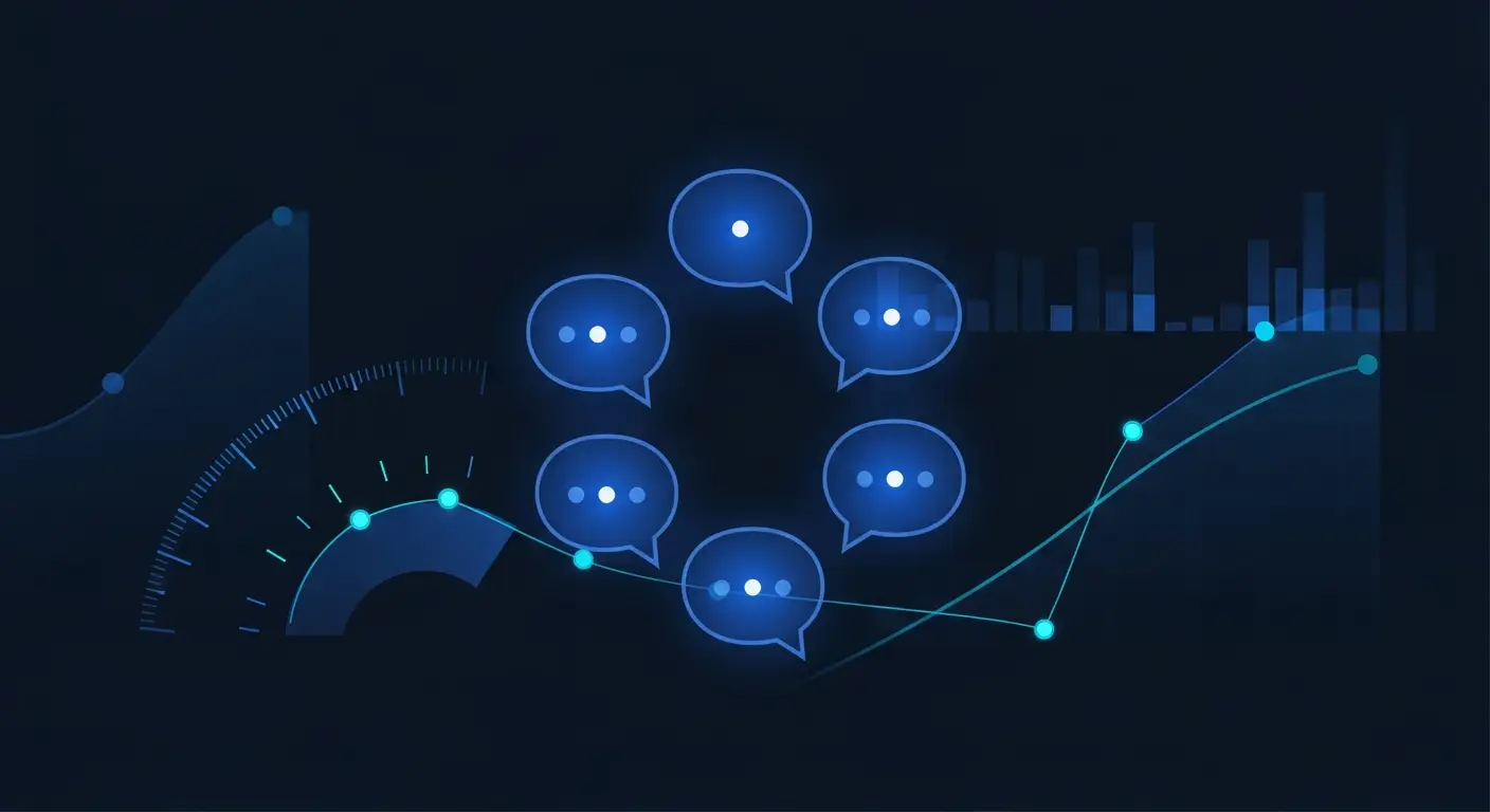 saas-company-valuation-hero-6 - SaasCEO.com A set of common SaaS valuation questions illuminated one at a time — A cluster of six translucent cool blue speech-bubble outline