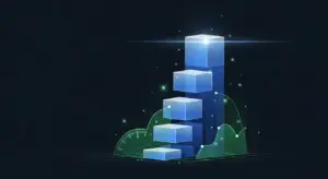 saas-company-valuation-new-hero - SaasCEO.com - SaasCEO.com Abstract data visualization: stacked translucent blue cubes with green curves and a gauge on a dark background.
