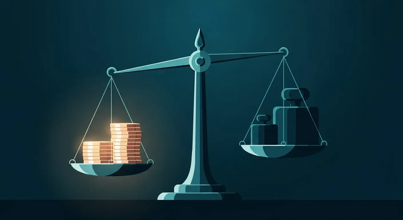 saas-debt-financing-supp-23929-replace-1-1 - SaasCEO.com The Real Cost of SaaS Debt Financing — a balanced scale weighing a glowing stack of coins against heavy hidden counterweights in shadow, conveying the hidden long-term burden beneath a low headline price, abstract flat editorial metaphor in deep navy and teal