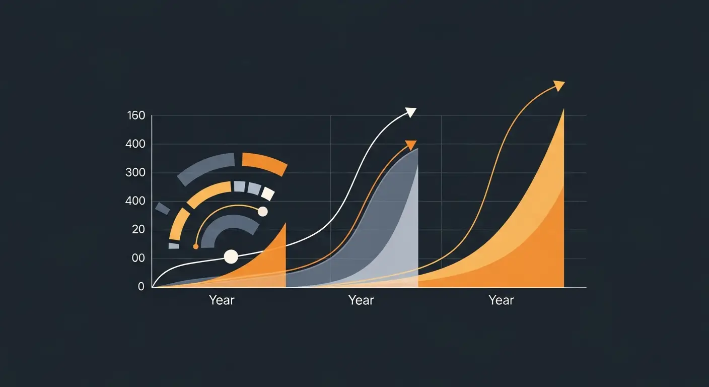 saas-development-costs-hero-1 - SaasCEO.com Abstract visualization of three years of financial progression for the worked example