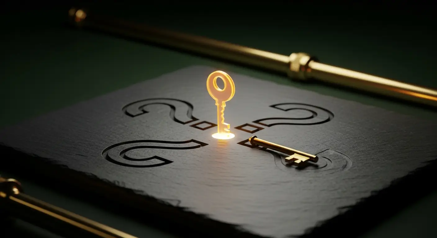 saas-development-costs-hero-2 - SaasCEO.com Three stylized question marks etched into a polished surface, illustrating common questions