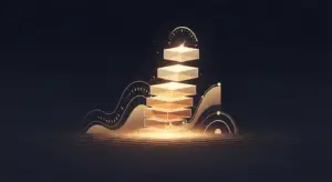 saas-development-costs-hero - SaasCEO.com - SaasCEO.com Abstract golden stacked blocks with circular gauges and flowing waves, symbolizing data layers and analytics.