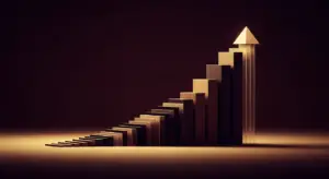 Golden stepped bars rise in a diagonal line toward a pointed arrow, symbolizing growth and progress in a dark, moody scene.