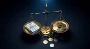 saas-fees-hero - SaasCEO.com - SaasCEO.com Gold balance scale: left pan holds tied stacks of documents, right pan overflows with assorted coins, symbolizing legal and financial balance.