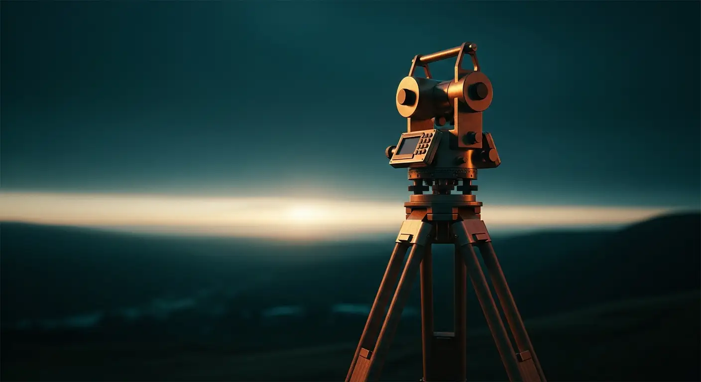 saas-finance-hero-2 - SaasCEO.com A precision brass surveyor instrument on a wooden tripod overlooking a vast open valley at dawn, representing benchmarking and careful calibration in SaaS finance