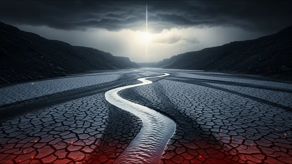 saas-finance-hero-3 - SaasCEO.com A dry riverbed of cracked earth with a thin stream of water returning as storm clouds break, representing SaaS cash flow running dry and recovering