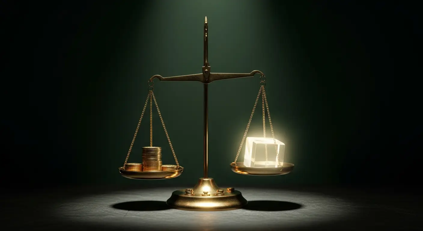 saas-finance-hero-4 - SaasCEO.com An antique balance scale weighing a stack of coins against a glowing crystal cube, representing how financial rigor outweighs raw revenue in SaaS valuation