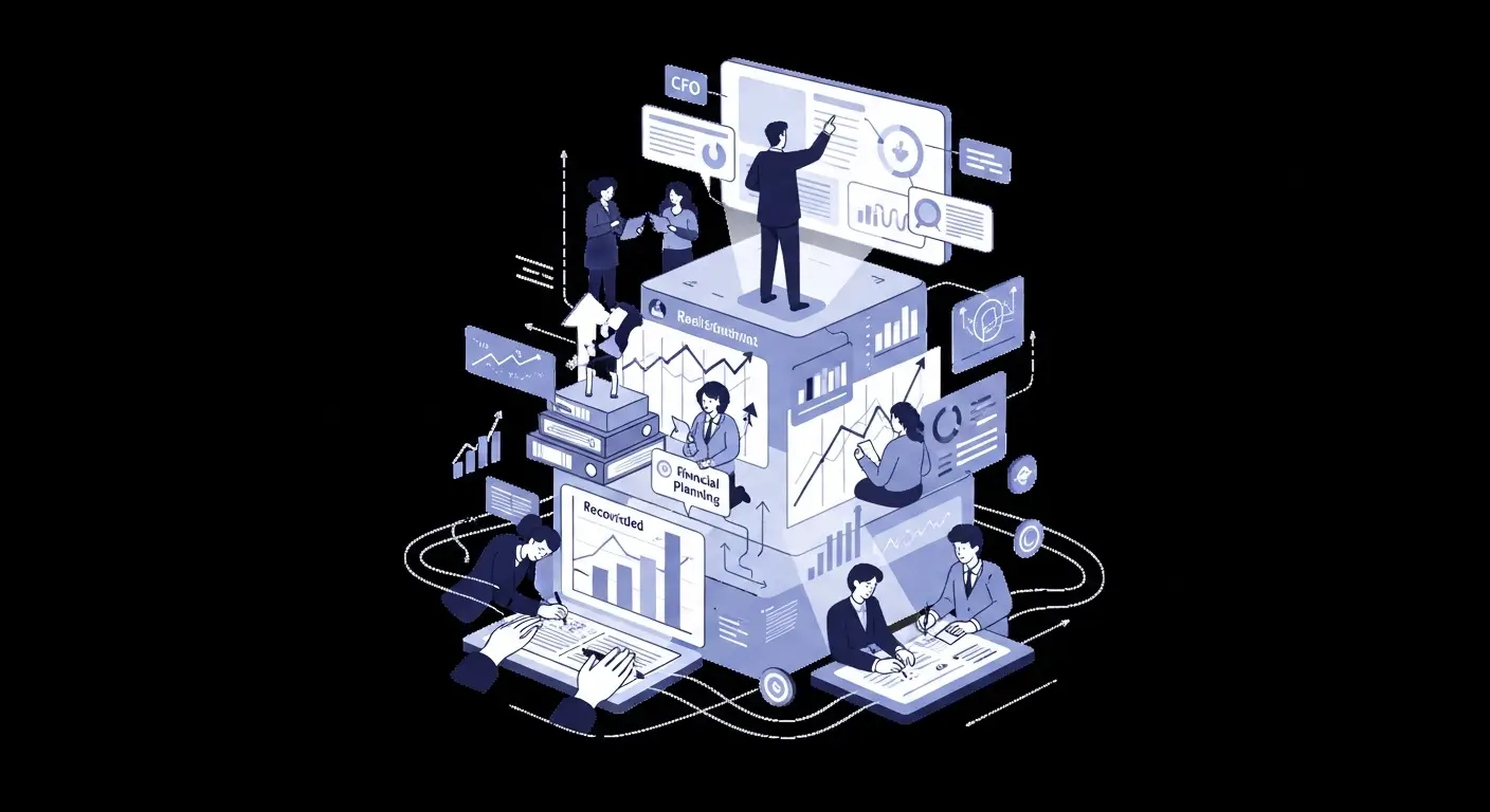 saas-finance-supp-26415-replace - SaasCEO.com Diagram of the SaaS finance function stack - bookkeeper records transactions, accountant closes the books, financial planning forecasts the future, CFO makes strategic calls